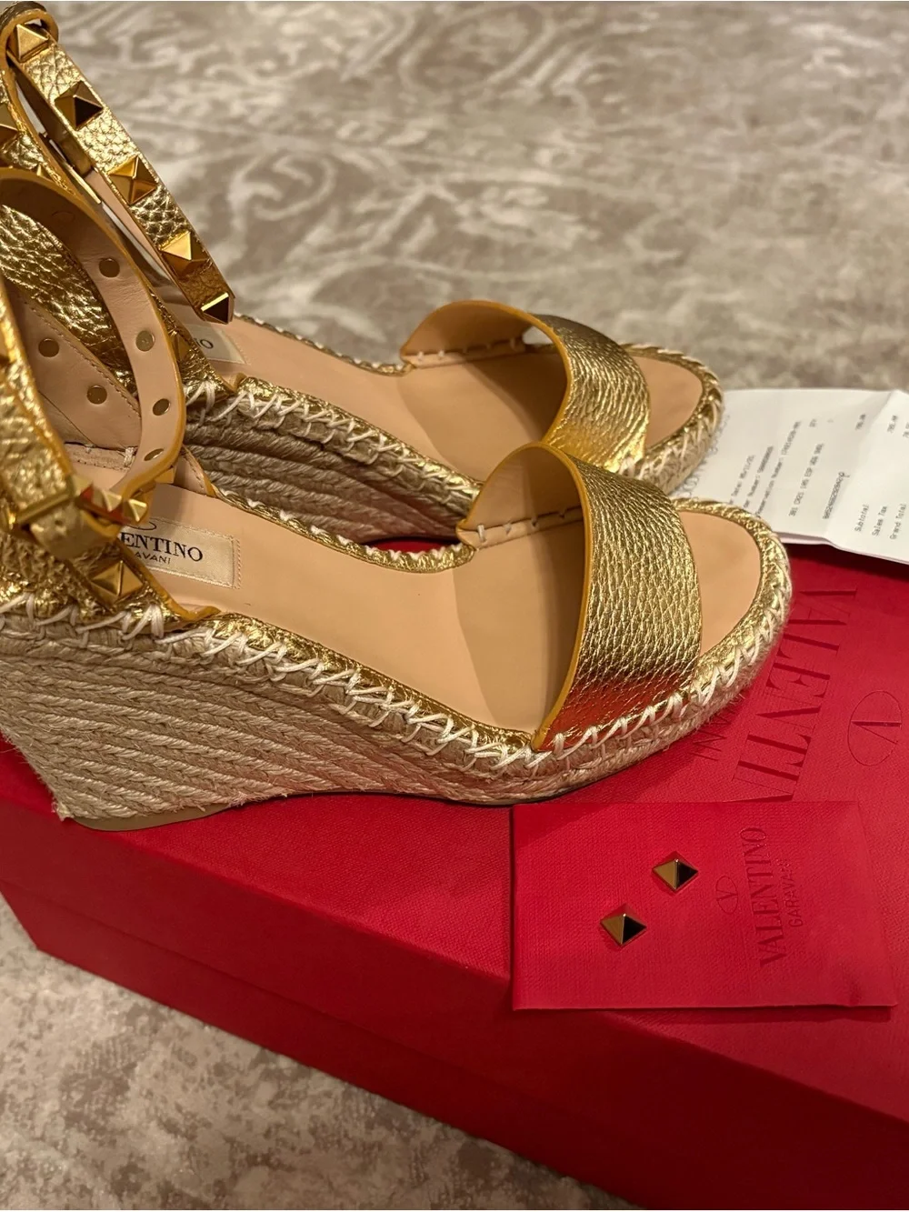 Valentino Gold Leather Ankle-Strap Wedge Espadrilles